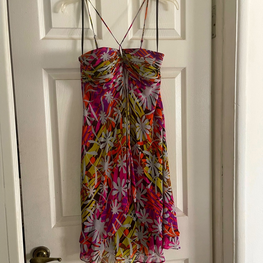SILK BCBGMAXAZRIA halter cutout tropical cocktail dress. Small